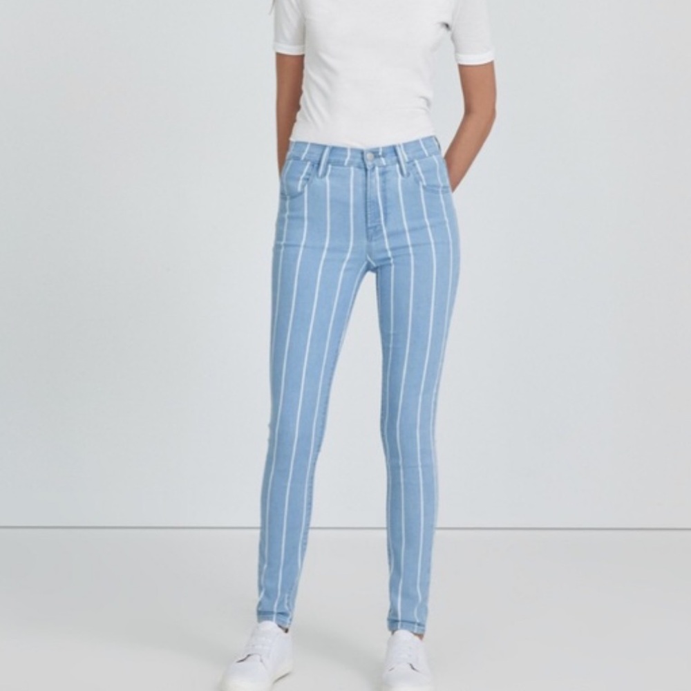 J Brand Maria High Rise Skinny Jeans in Yarn Dye Blue Herringbone Stripe Size 30